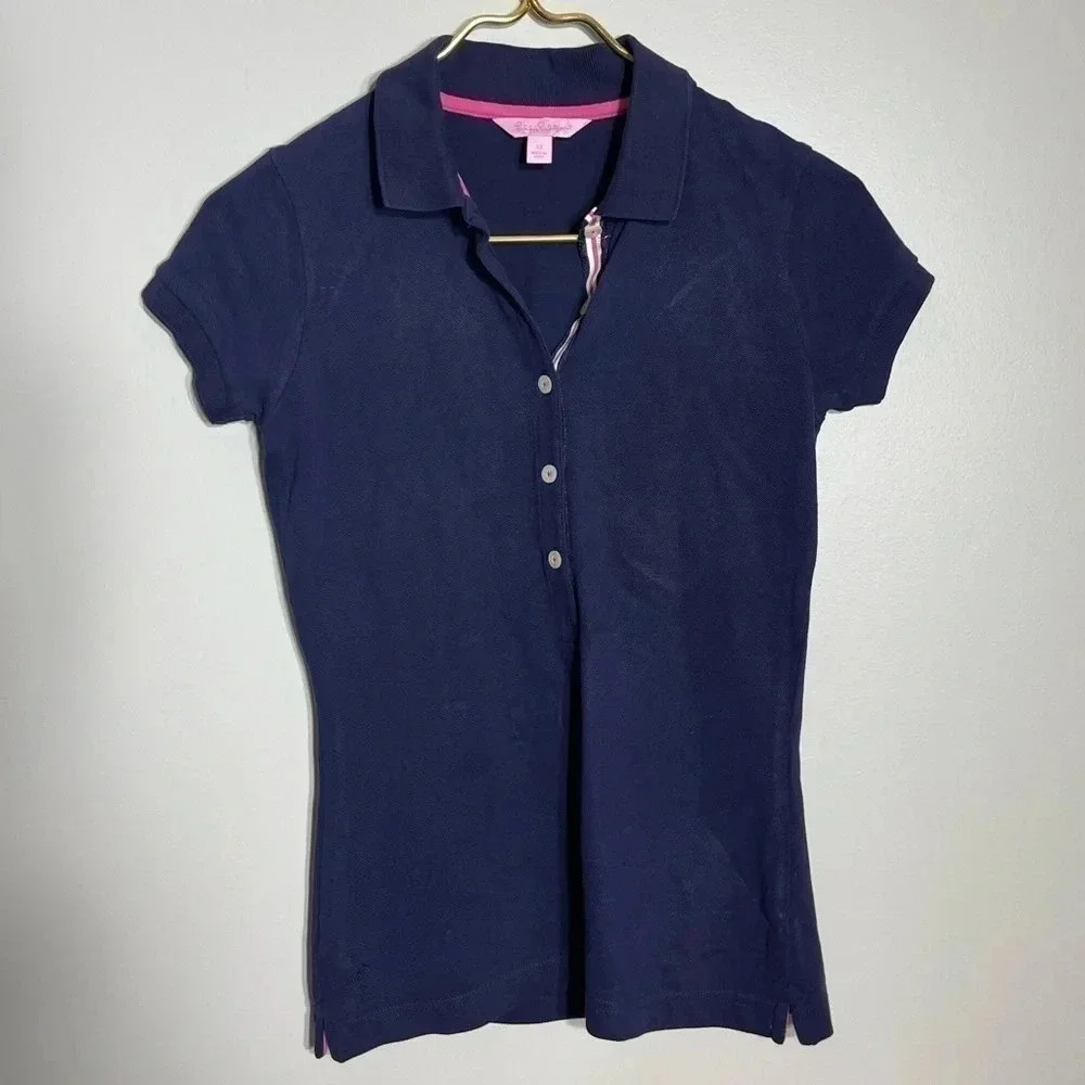 Lilly Pulitzer Women's Navy Blue Polo Shirt Short Sleeve XS Pink Trim‎